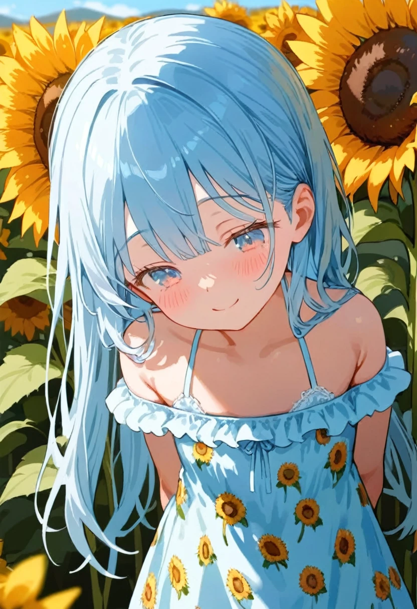 masterpiece, best quality, extremely detailed, (illustration, official art), 1 girl ,(((( light blue long hair)))), ,(((( light blue long hair)))),light blue hair, , long hair ((blush)) , cute face, masterpiece, best quality,(((((a very delicate and beautiful girl))))),Amazing,beautiful detailed eyes,blunt bangs((((little delicate girl)))),tareme(true beautiful:1.2), sense of depth,dynamic angle,,,, affectionate smile, (true beautiful:1.2),,(tiny 1girl model:1.2),)(flat chest) ,closed eyes, (masterpiece,high-quality,ultra detailed,8K,UHD,high-resolution,perfect anatomy,ultra complex and detiled), perfect anatomy, leaning forward, head tilt, standing, arms behind back, , flower, sunflower,(***********, petite:1.1),,, , embarrassed, blush, sunflower patterned dress, off shoulder, smile flower field, field, dandelion, day, summer, solo, outdoors,
