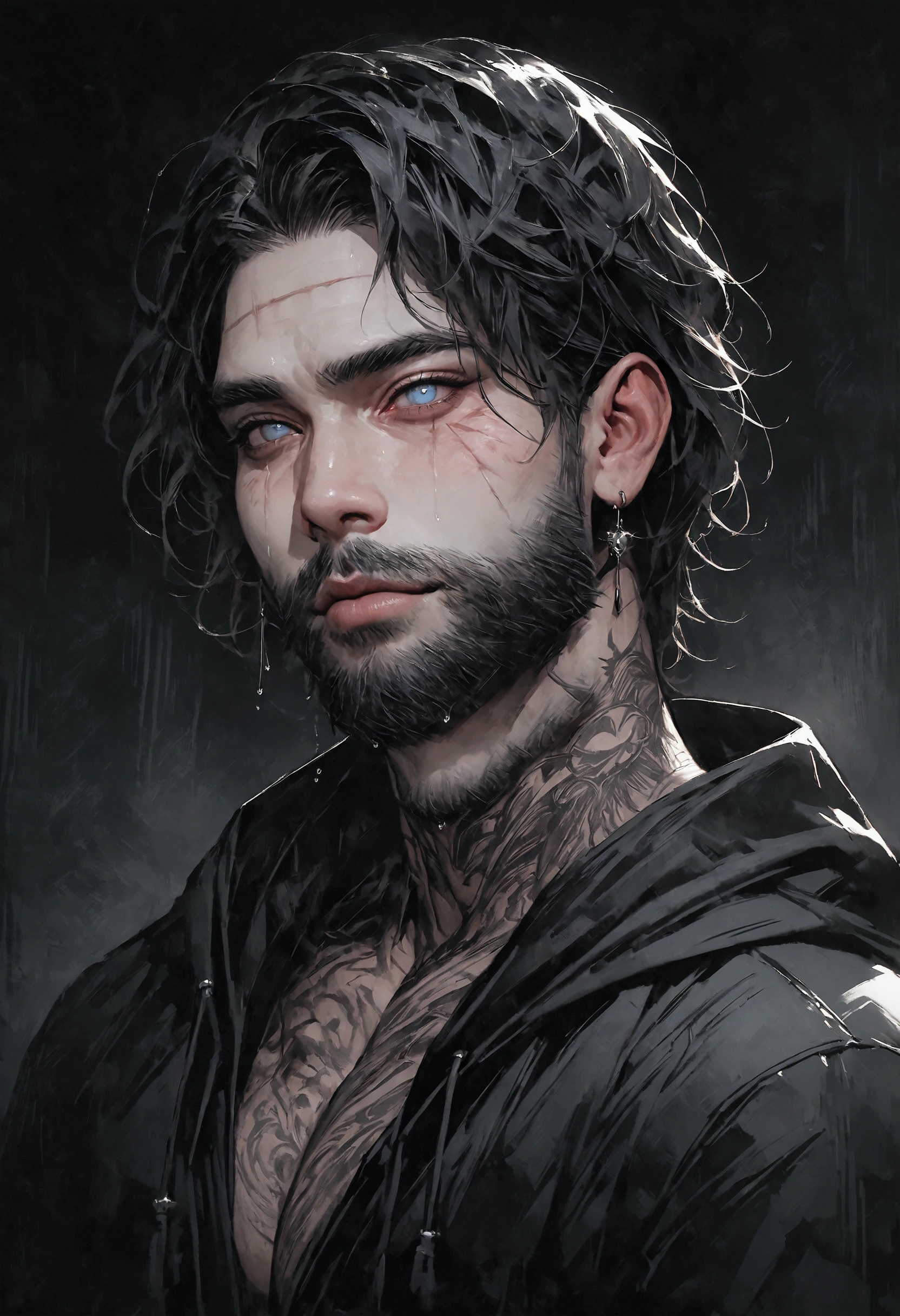 Realistic Digital Painting with Concept Art Elements"," digital painting," "concept art," "realistic," "high detail", "muscular",, "high-res", "ominous aura,", "8k resolution", "oil painting", "darker tone" , "dark saturation" ,"dark feeling", "concept art" , "detailed features" , "1man" , "wide smile" , "head tiled a little" , "dangerous" , scarred face" , "black hoodie" , "ripped jeans" , , "wide smile" , "head tiled a little" , "dangerous" , scarred face" , "black hoodie" , "ripped jeans" , "dangerous" , "stalker" , "tinder dare gone wrong" , "modern era" "blue eyes" , "Tokyo background" , "nighttime" , "raining" " drenched", "muscular" , "upper body" , "bushy beard", "Athletic physique" , "tattooed neck"