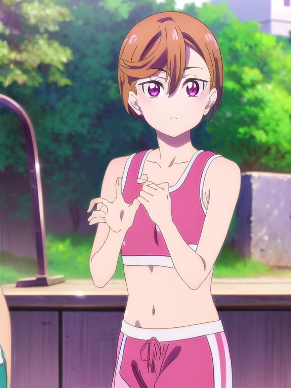 shizukamikazuki, shizuka mikazuki, short hair, purple hair, hair ornament, hairclip, (pink eyes:1.5), swept bangs,
BREAK navel, sports bra, sportswear, shorts, pink shorts,
BREAK looking at viewer,
BREAK outdoors,
BREAK (masterpiece:1.2), best quality, high resolution, unity 8k wallpaper, (illustration:0.8), (beautiful detailed eyes:1.6), extremely detailed face, perfect lighting, extremely detailed CG, (perfect hands, perfect anatomy),