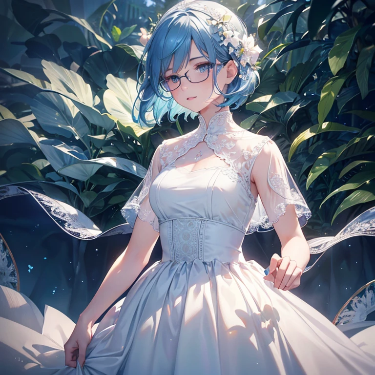 Beautifully detailed eyes, Beautifully detailed lips, Extremely detailed eyes and face, Long eyelashes, White dress, Wearing glasses, Blue hair, Short hair, Full body rendering, Back view, Atmospheric lighting, Detailed foliage, Vibrant colors, (Highest quality, 4k, 8k, High resolution, Masterpiece: 1.2), Ultra detailed, (Realistic, Photorealistic, Photorealistic: 1.37), Intricate background, Dreamy atmosphere, Cinematic lighting