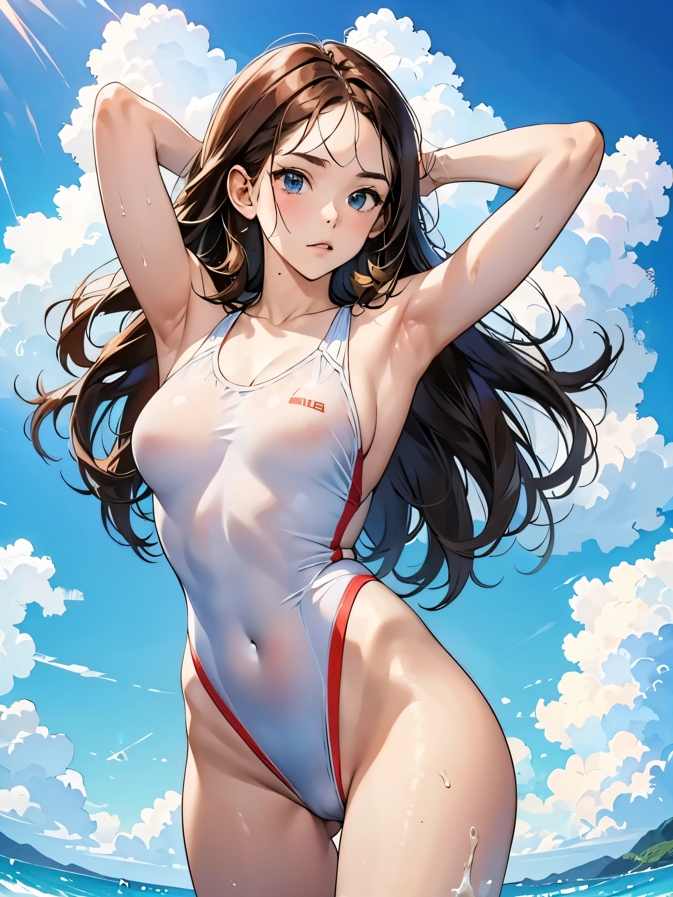 girl, Brown Hair, White One Piece Swimsuit, Less exposed skin, Conservative design, Please wear sportswear., blue sky, Cumulonimbus