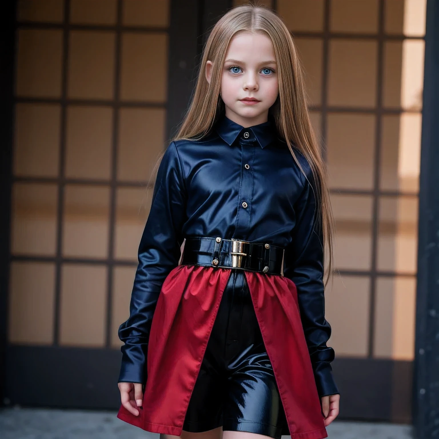 9 years old vampire, dark blue eyes and long blonde hair down to the waist, black with red clothes, shiny thighs