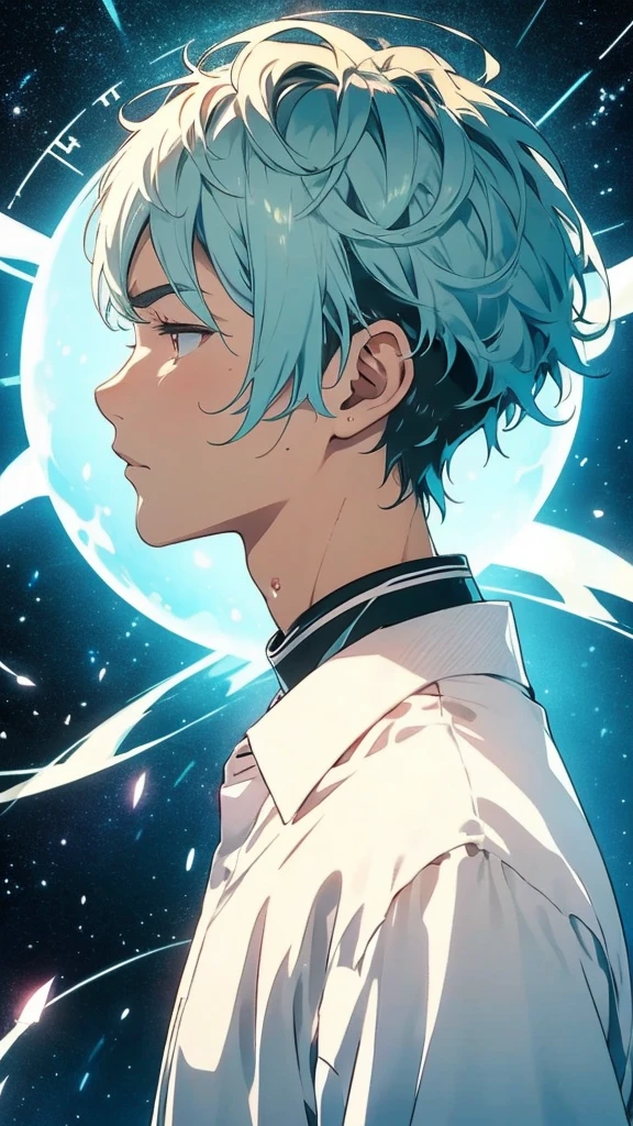 profile icon, facing right、
He is surrounded by a circle, invaded by floweres、
 A male wearing white clothes in his 30s with very short white hair、
white eyelashes, white skin、
A male with white eyes, background ever green and bubble, starrystarscloudcolorful, hand