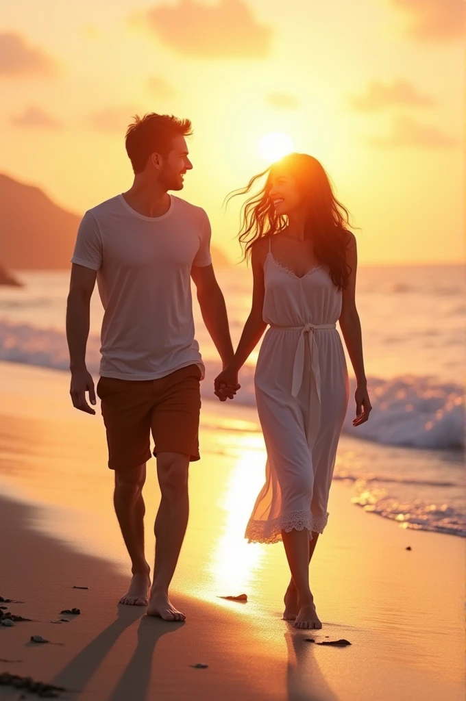 Couple cute, hold hands, walking in the sunrise