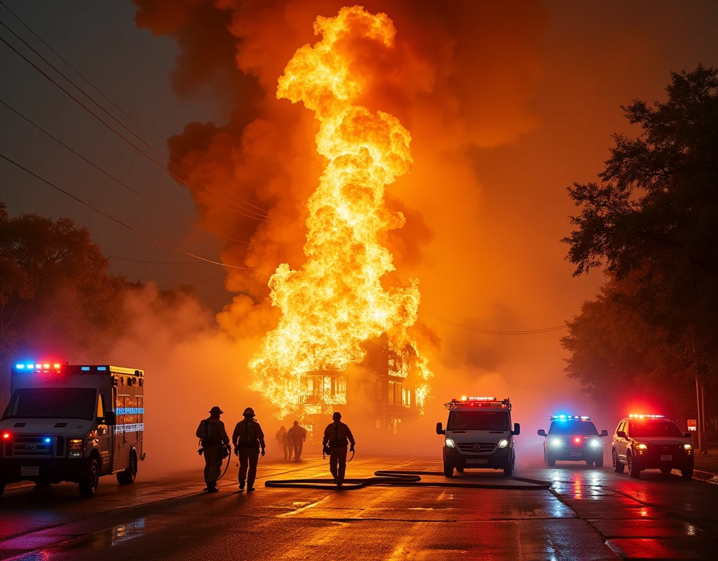 A burning city, firefighters, fire trucks, ambulances, police cars, dramatic lighting, realistic textures, action scene, detailed environment, dynamic composition, cinematic lighting, photorealistic, 8k, highly detailed, masterpiece