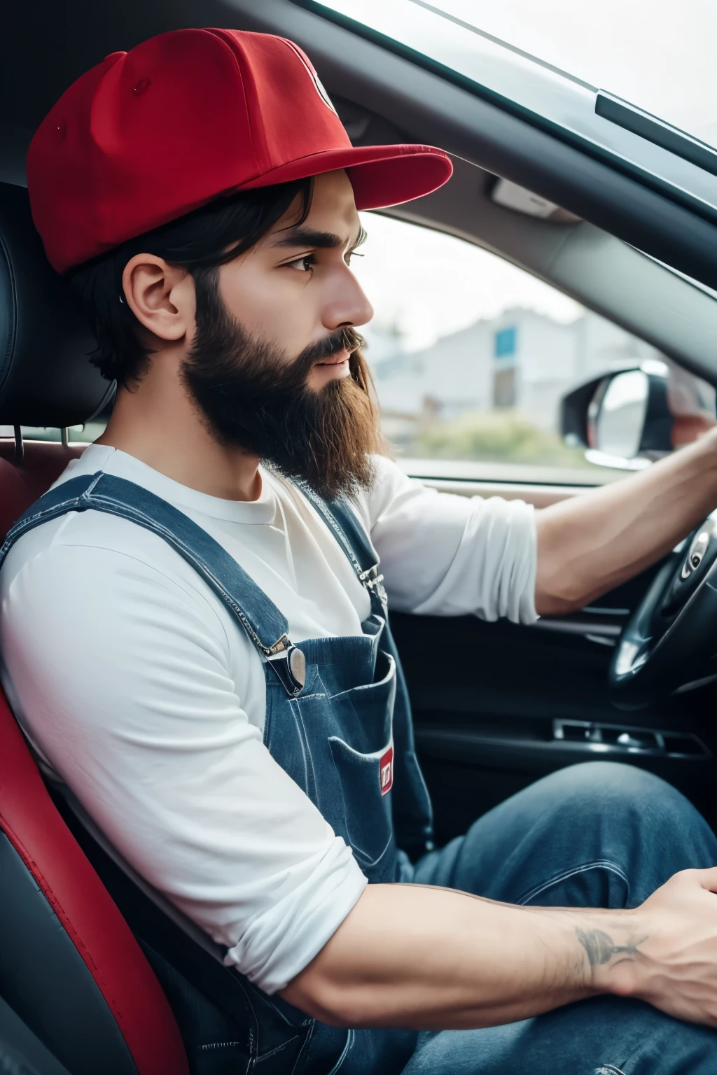 A man with a beard, wearing overalls and a red hat, is in a car.
