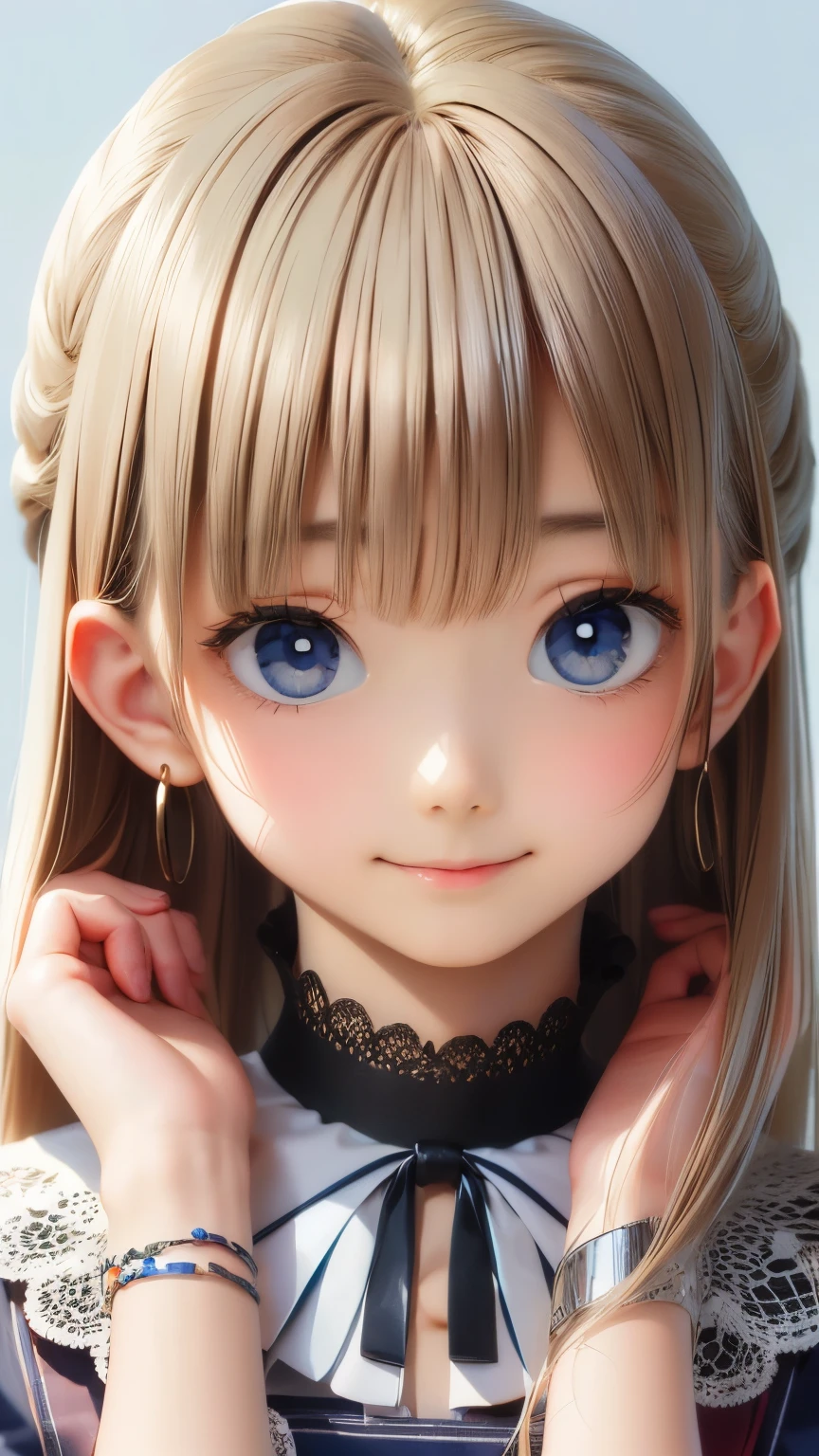 ((Detailed face, Cute Face)), (彼女は白い刺繍の入った長いスカートをyesている, Red blouse with lace, A white apron is tied around her waist, Blue socks, Brown leather shoes, She has a blue scarf wrapped around her head. yes, Her accessories include necklaces., Earrings, bracelet. 1 person)), Ultra-high resolution, (Realistic: 1.4), RAW Photos, Highest quality, (PhotoRealistic Stick), concentrated, Soft Light, ((15 years old)), ((Shiny platinum blonde silky super long straight hair, beautiful shiny bangs, Big clear sky blue eyes, Very beautiful bright eye highlights )), (( (Young Face))), (surface), (Depth of written boundary), masterpiece, (Realistic), woman, bangs, ((1 person))