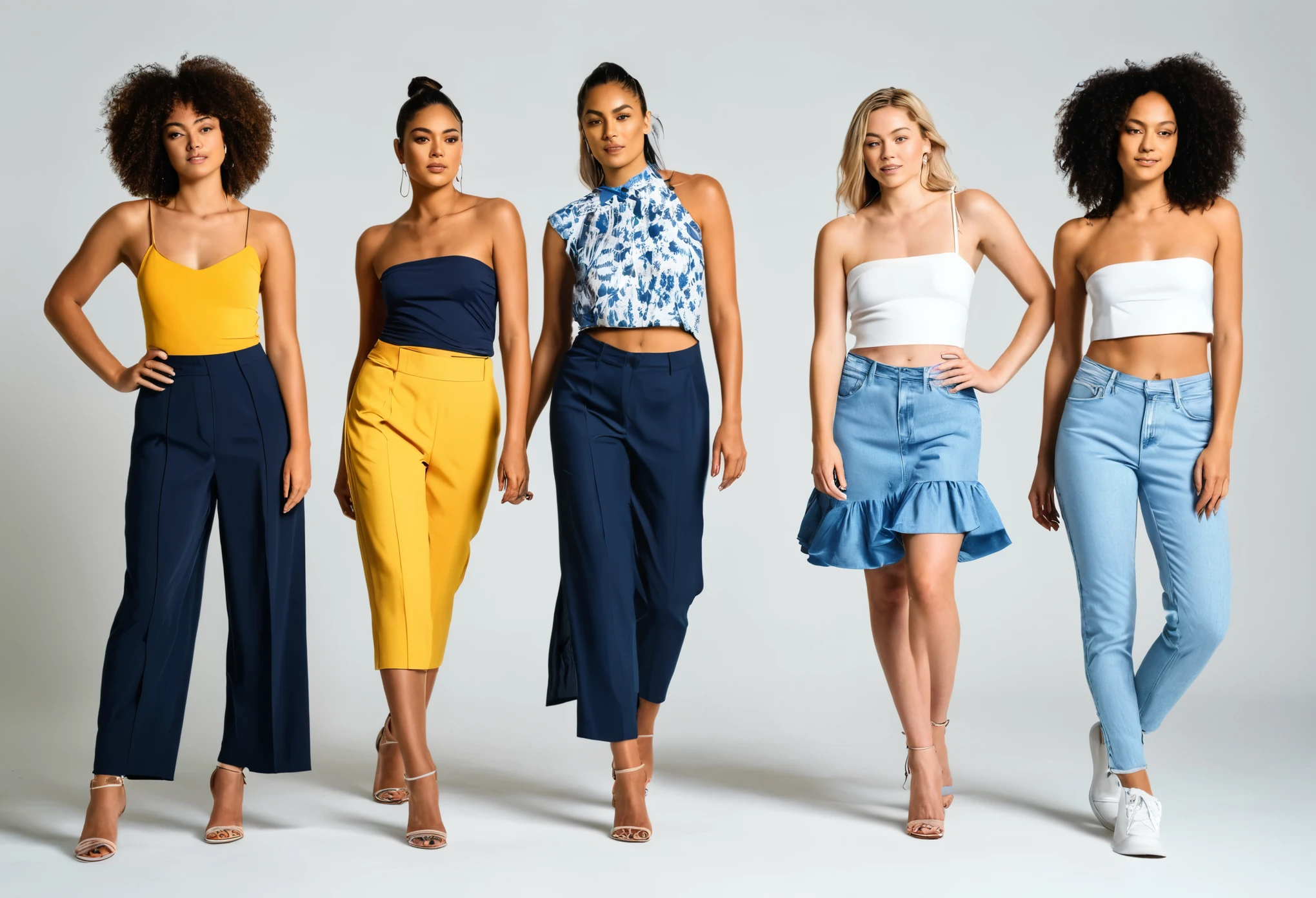 a group of female models wearing and demonstrating clothes from a summer 2025 fashion range. Diverse models. clothes are suitable for a trendy woman in her late 20s