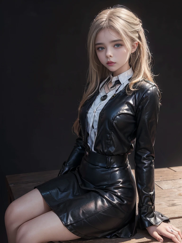Professional full-length photo, (Best Top Quality, a high resolution, 8K masterpiece, super detailed), cute seductive Chloe Grace Moretz, student, white and black uniform, latex short black skirt, black lace necklace, I look at the viewer, classroom background, sitting on the table, seductive, blushing, speak out, Indecent expression Masterpiece 8K