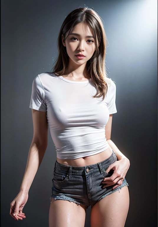 A boldly composed photograph of a Japanese woman that looks like it was taken by a famous artistic photographer, (((Blockbuster art photography)), (8k, Highest quality). A stunning composition using a model with excellent proportions. Perfect beauty model with a confident and balanced appearance, ((Highest quality質)), ((masterpiece)), (Familiar:1.4), ((Highest quality質のリアルな写真)), ((Shot with Hasselblad)), ((Best photo quality)), Beautiful womanの画像,Super Resolution,Slim and perfectly proportioned, Beautiful woman, ((Highest quality質, 8k, masterpiece: 1.3)), Beautiful woman, 1 female, Slim figure: 1.1, Perfect beauty, 20-year-old, (Realistic: 1.4), Ahegao, Shining Sweat, thin, Art photo composition with space around the woman, See through, (((Studio shot))), (((The background is only gray and there is nothing.))), Full body photo, Anatomically correct hand, Anatomically correct legs, anatomically correct whole body, Marble room, White T-shirt and hot pants. Cowboy Shot, (((Holding your crotch with your hand)))、