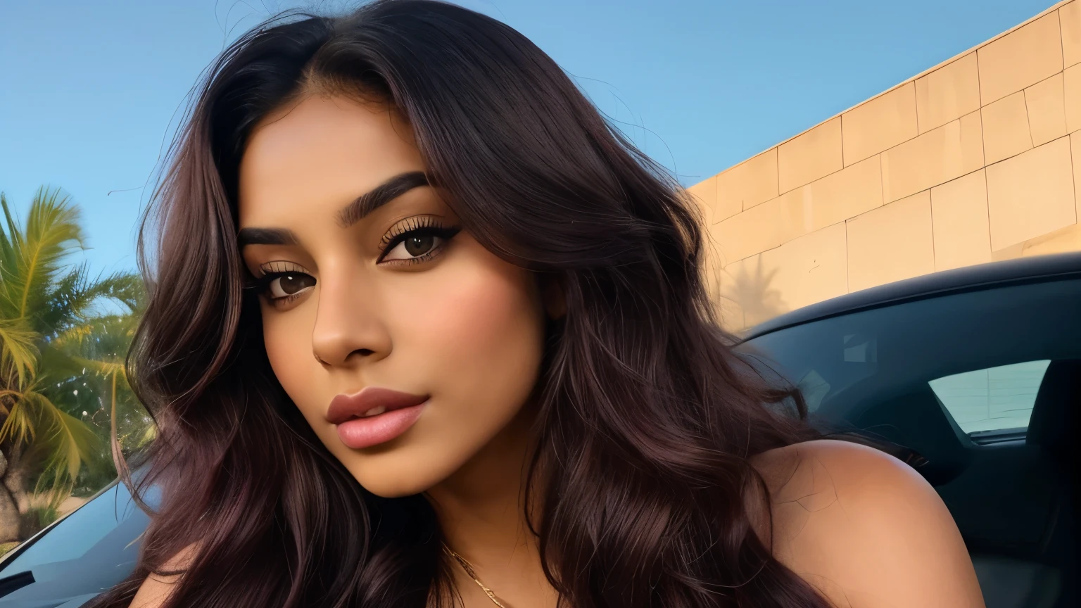 "Create an ultra-realistic image of a modern, attractive female influencer of Indian descent, aged between 27 to 30. She should have a warm and inviting smile, expressive almond-shaped eyes with a slight shimmer, and clear, glowing skin with a medium brown complexion. Her features should be well-defined, with high cheekbones and a sharp jawline. Her hair should be long, thick, and wavy, with a natural shine and bounce, styled in loose waves with a golden headband. Her hair color is a deep, reddish-purple hue that’s bold yet sophisticated. She should have a slender yet athletic build, reflecting a healthy and active lifestyle, but with an emphasis on her chest, featuring gigantic breasts (plump: 1.3). Create realistic image a 30 year old women is sitting on the Lamborghini green car with gold m1887 short gun name on the sky piyush
