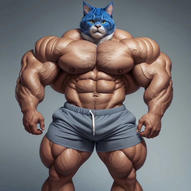 hyper growth, hyper muscles, Bulge, furry growth, A furry man, blue cute cat, shirtless, wearing shorts, exaggeratedly huge and muscular, on a gray background