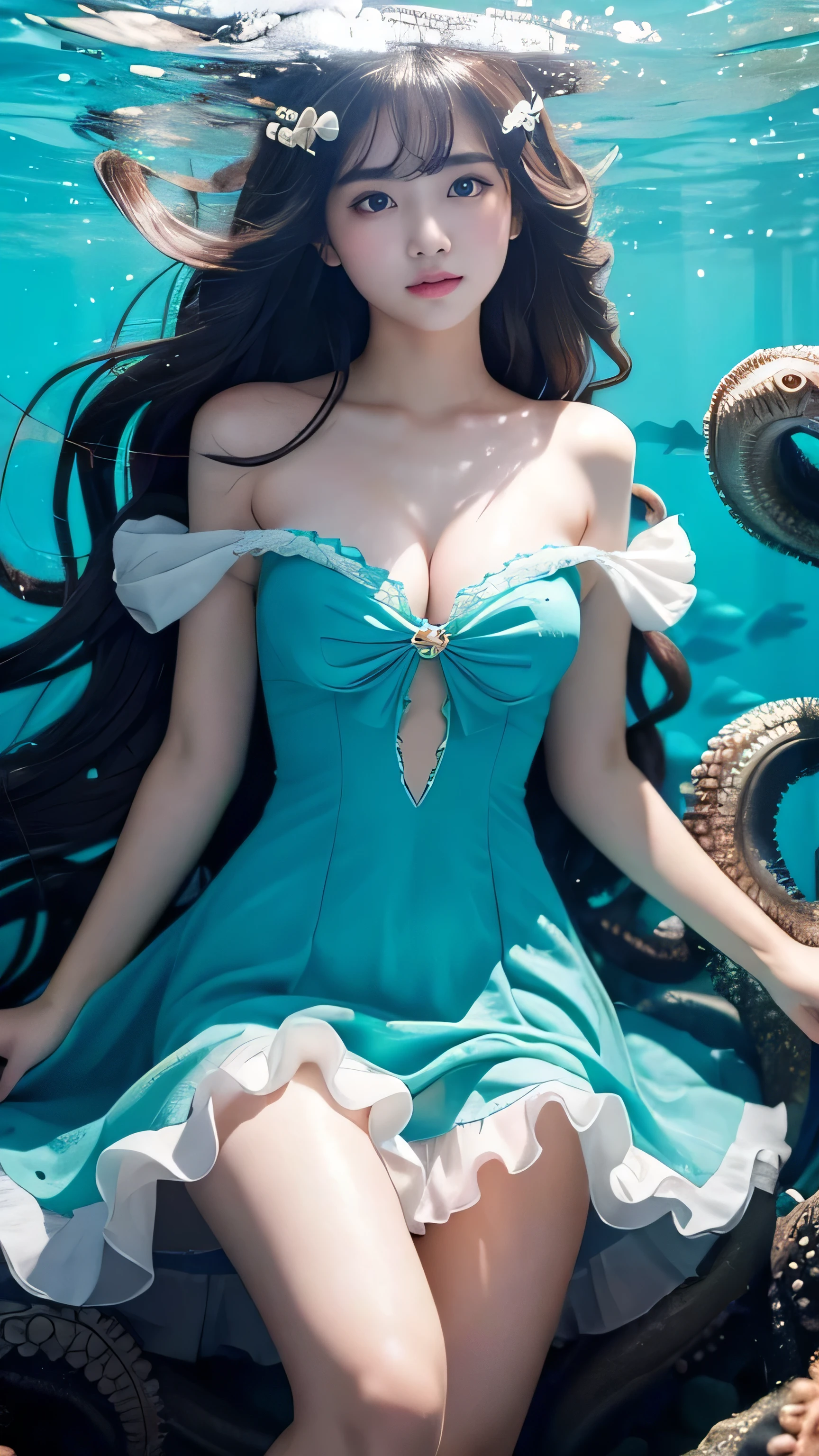 "Depict the Kraken, the legendary sea monster, transformed into the ultimate moe character, blending its fearsome traits with irresistible cuteness. She is a , charming figure with smooth, pale skin that has a soft, ethereal glow, hinting at her deep-sea origins. Her long, flowing hair has become thick, tentacle-like strands, but these are now adorned with cute accessories like small bows and seashells, maintaining her adorable appeal while adding an element of mystery.
Her large, sparkling eyes are a deep oceanic blue, filled with both innocence and a hint of the ancient power she embodies. Her expression is sweet and slightly shy, with a light blush on her cheeks that enhances her moe charm. Despite her cute demeanor, there’s a subtle aura of power beneath her surface, reminiscent of the Kraken’s legendary strength.
She wears a frilly, ocean-themed outfit in shades of blue and green, with delicate patterns of waves and tentacles. The dress has playful, flowing ribbons and lace, adding to her overall kawaii aesthetic. Her fingers, slightly webbed, end in polished nails that resemble tiny, glistening seashells, subtly reminding of her oceanic nature.
The background is a magical, underwater scene with gentle waves, glowing sea creatures, and softly swaying seaweed. This environment complements her dual nature as both a cute, endearing character and a powerful, enigmatic being. This portrayal captures the Kraken as the ultimate moe character, blending irresistible cuteness with the mystical allure of the deep sea."