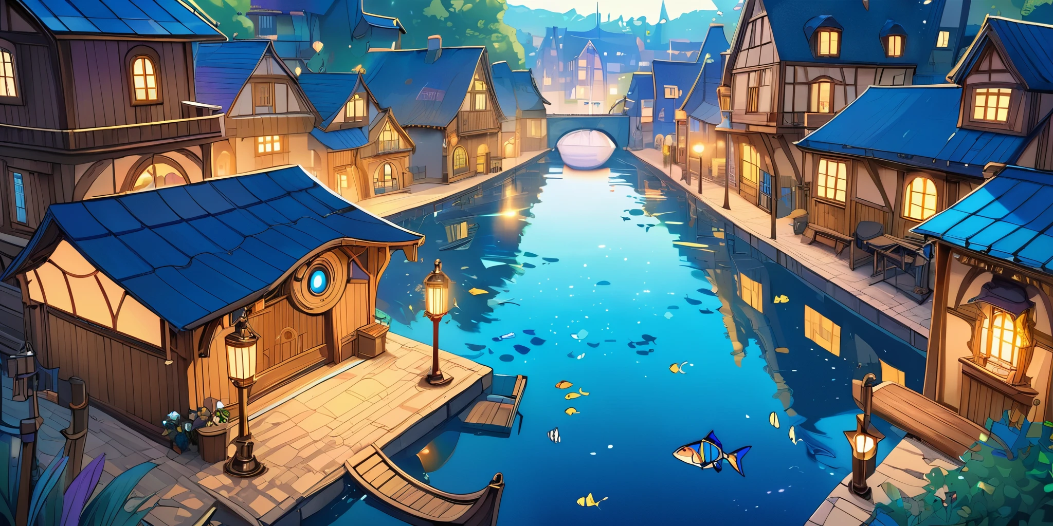 Draw a lofi anime poster, village, Sous l'eau, Steampunk Decoration, faire, lumière, poisson, a beautiful color palette in bleu, couleurs saturées vibrantes, ouvrages d'art, days, animated theme