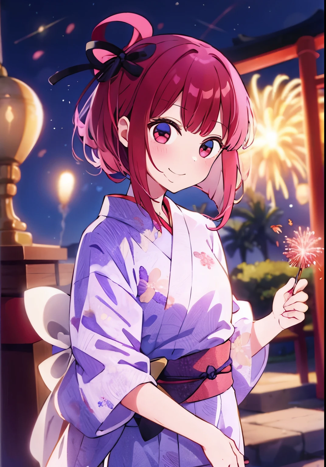 He cultivated four　Fireworks at the shrine　Wear a yukata　smile　