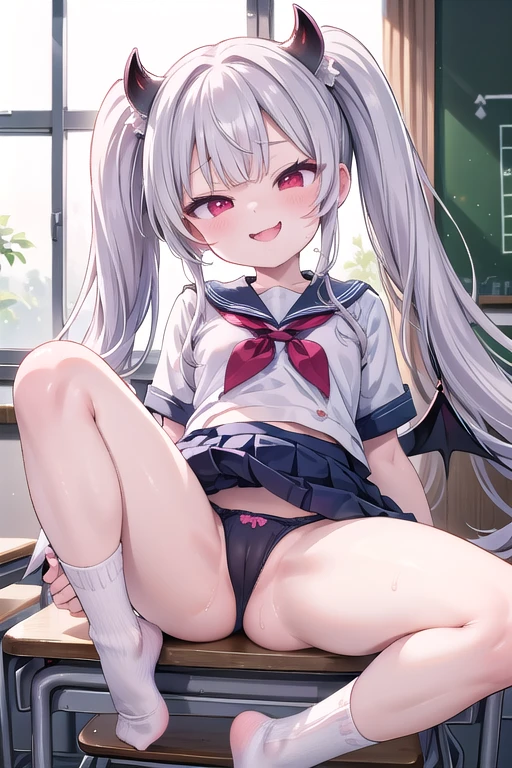 solo、wearing a school uniform, Whole body、Young face、long silver Hair、long Twin tails、Spoiled brat、Immature body、（Small breasts）、smile、Sweat、（Thick thighs:1.5)、（little demon horns and tail）、red  eyes、Backwards、looking at viewer、Open mouth、double teeth、fang、blushing and sticking out her cute tongue, tongue out、sensational、Back view, Character portrait, （spread eagle position）、（M-shaped leg spread）、(School classroom)、sexy panties、school socks、Sit on the desk、Clothes come undone