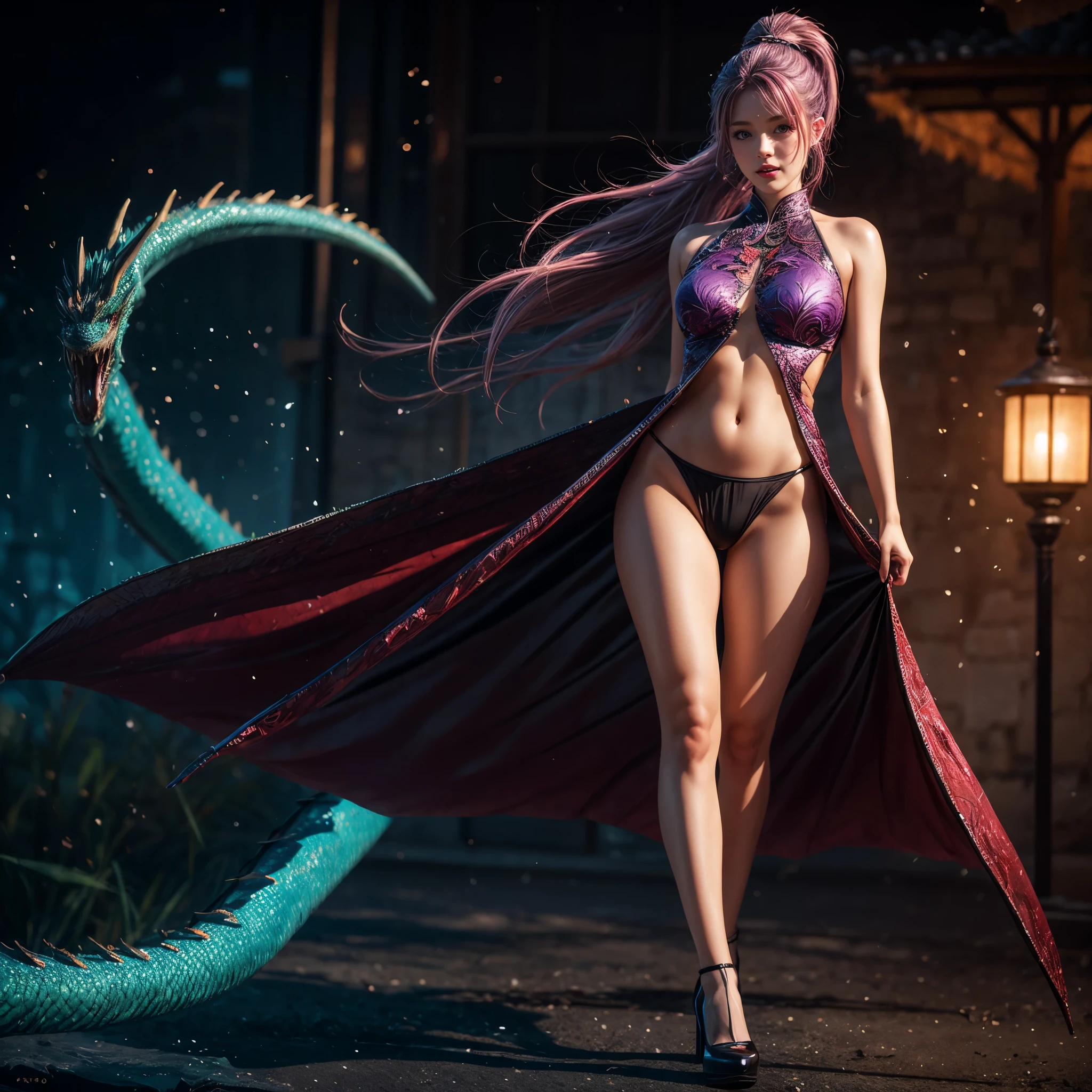 (Full Body of Extremely Detailed Dragon girl) with pink eyes long purple hair in a high ponytail, liquid hair, flowers, (Huge dragon head) in background, negative space, TopQuality 8k UltraDetailed Masterpiece, realistic, photorealistic, HDR ultra-fine painting, sharp focus, physically-based rendering, extreme detail description, professional, Bright colors, bokeh, (Exposed Hourglass Body Shape)