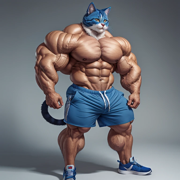 hyper growth, hyper muscles, Bulge, furry growth, A furry cat, blue cute cat, shirtless, wearing shorts, exaggeratedly huge and muscular, on a gray background