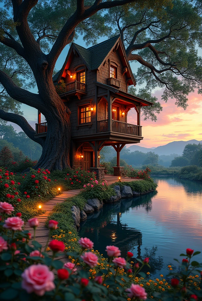 A big tree house and there a big pond, there also rose garden and many colourfullight