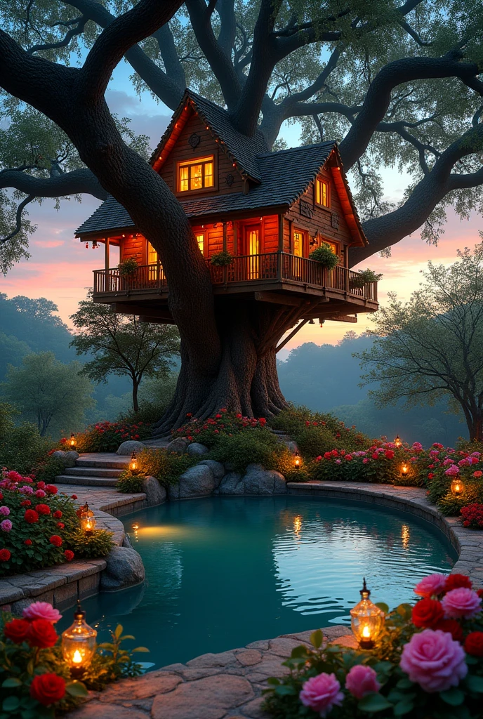 A big tree house and there a big pond, there also rose garden and many colourfullight  