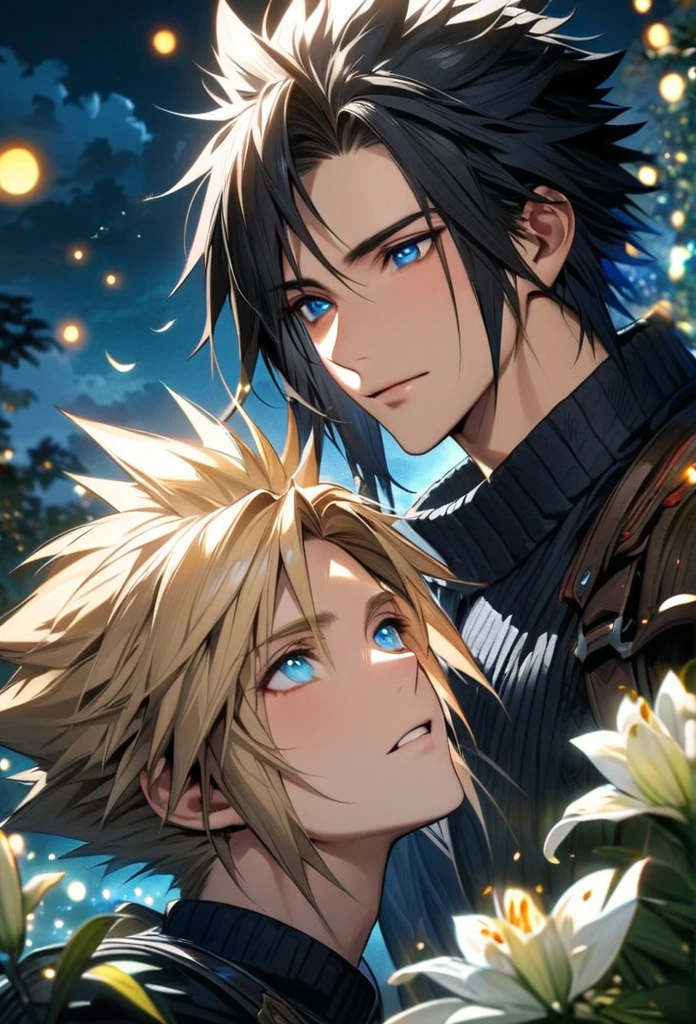 absurdres, highres, ultra detailed, HDR, master piece, best quality, Zack, black hair, expressive blue eyes, Final Fantasy, Cloud Strife, blond hair, expressive blue eyes, 2men together, handsome, petals, white lilies, moon, fireflies, extremely detailed face and eyes