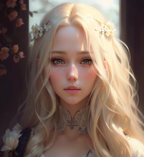 close-up of a woman with long blonde hair and a flower, Girl with blond hair, Beautiful character art, beautiful fantasy portrait, realistic picture of a cute girl, Detailed beautiful portrait, realistic digital art 4k, realistic digital art 4k, A beautiful realistic face, beautiful fantasy portrait, fantasy portrait, girl with white hair, 🤤 portrait of a girl, beautiful blonde