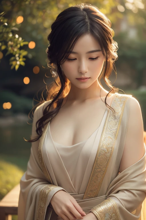 japanese face, detailed portrait, masterpiece, 8K, photorealistic, dynamic lighting, cinematic composition, dramatic atmosphere, soft warm tones, intricate details, elegant pose, flowing dress, serene outdoor setting, tranquil mood, natural environment