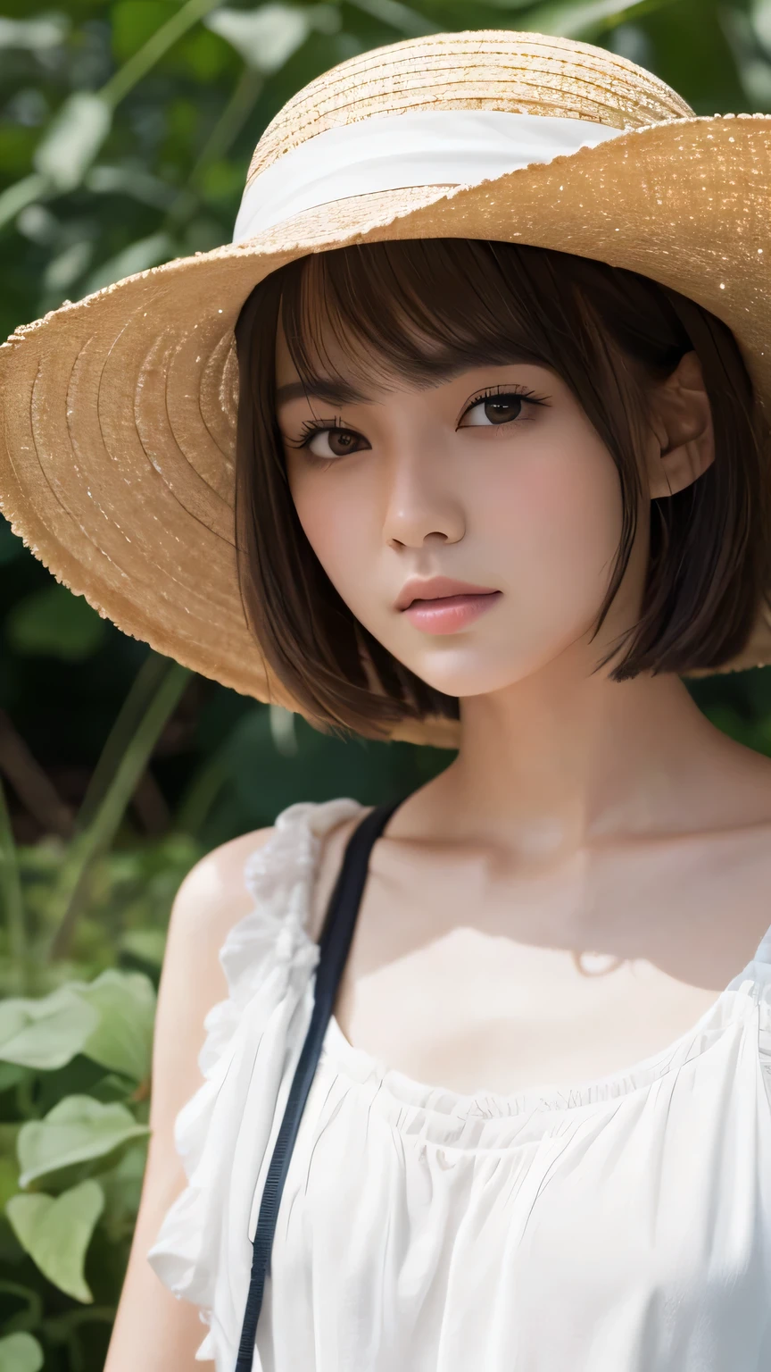 (Ultra-realistic), (figure), (High resolution), (8k), (Very detailed), (Best figure), (Beautiful and detailed), (Highest quality), (Super detailed), (masterpiece), (wallpaper), (Detailed face), alone, One Girl, watching viewer, Trendy clothes,Less exposure、Fine details, Detailed face, In the Dark, Deep Shadow, Modest, Pure Erotic Face Ace_v1, cool, short hair, Pointed diagonal bangs,Sunflower field、Straw hat