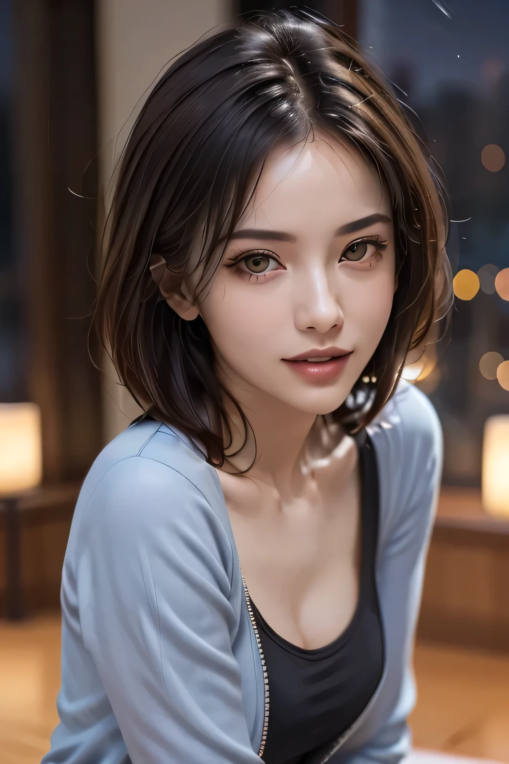 (highest quality, 8k, 32K, masterpiece), (Realistic), (Realistic:1.2), (High resolution), (night:1.7), Japan, cyber punk, City View, In front of the window,Wooden floor, 
Blue jacket, Grey Shirt, clavicle, jewelry, gem, Brunette Bob, 
1 female, 45 years old, beautiful Finger, beautiful long legs, beautifulbody, beautifulNose, beautifulcharacter design, Perfect Eyes, perfectface, Expressive eyes, View your viewers, Center the image, (upper_body), (Focus on her face),
Official Art, Very detailed CG Unity 8k wallpaper, Perfect lighting,Farbeful, bright_front_face_Lighting,Glowing Skin,
(masterpiece:1.0),(Highest_quality:1.0), 超High resolution,4K,Very detailed,
photograph, 8k, High resolution, High resolution, absurdes:1.2, 400 for Kodak Port, Film Grain, Blurred Background, bokeh:1.2, Lens flare, (Vibrant_Farbe:1.2)
(beautiful,chest), (beautiful_face:1.5),(narrow_Waist),