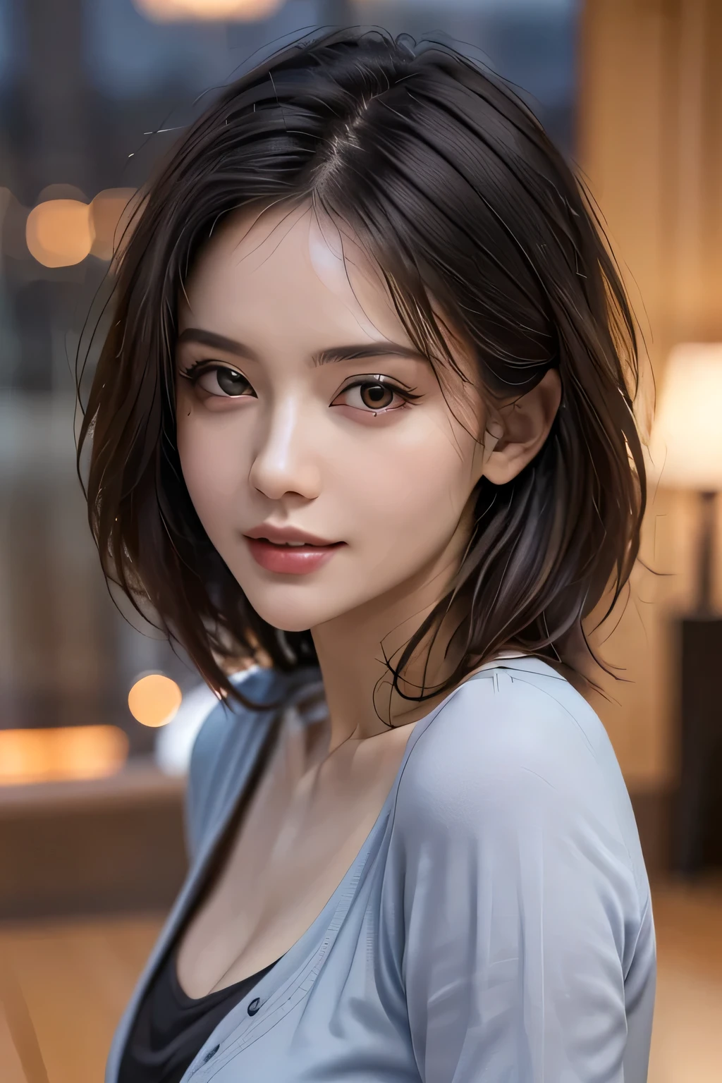 (highest quality, 8k, 32K, masterpiece), (Realistic), (Realistic:1.2), (High resolution), (night:1.7), Japan, cyber punk, City View, In front of the window,Wooden floor, 
Blue jacket, Grey Shirt, clavicle, jewelry, gem, Brunette Bob, 
1 female, 45 years old, beautiful Finger, beautiful long legs, beautifulbody, beautifulNose, beautifulcharacter design, Perfect Eyes, perfectface, Expressive eyes, View your viewers, Center the image, (upper_body), (Focus on her face),
Official Art, Very detailed CG Unity 8k wallpaper, Perfect lighting,Farbeful, bright_front_face_Lighting,Glowing Skin,
(masterpiece:1.0),(Highest_quality:1.0), 超High resolution,4K,Very detailed,
photograph, 8k, High resolution, High resolution, absurdes:1.2, 400 for Kodak Port, Film Grain, Blurred Background, bokeh:1.2, Lens flare, (Vibrant_Farbe:1.2)
(beautiful,chest), (beautiful_face:1.5),(narrow_Waist),