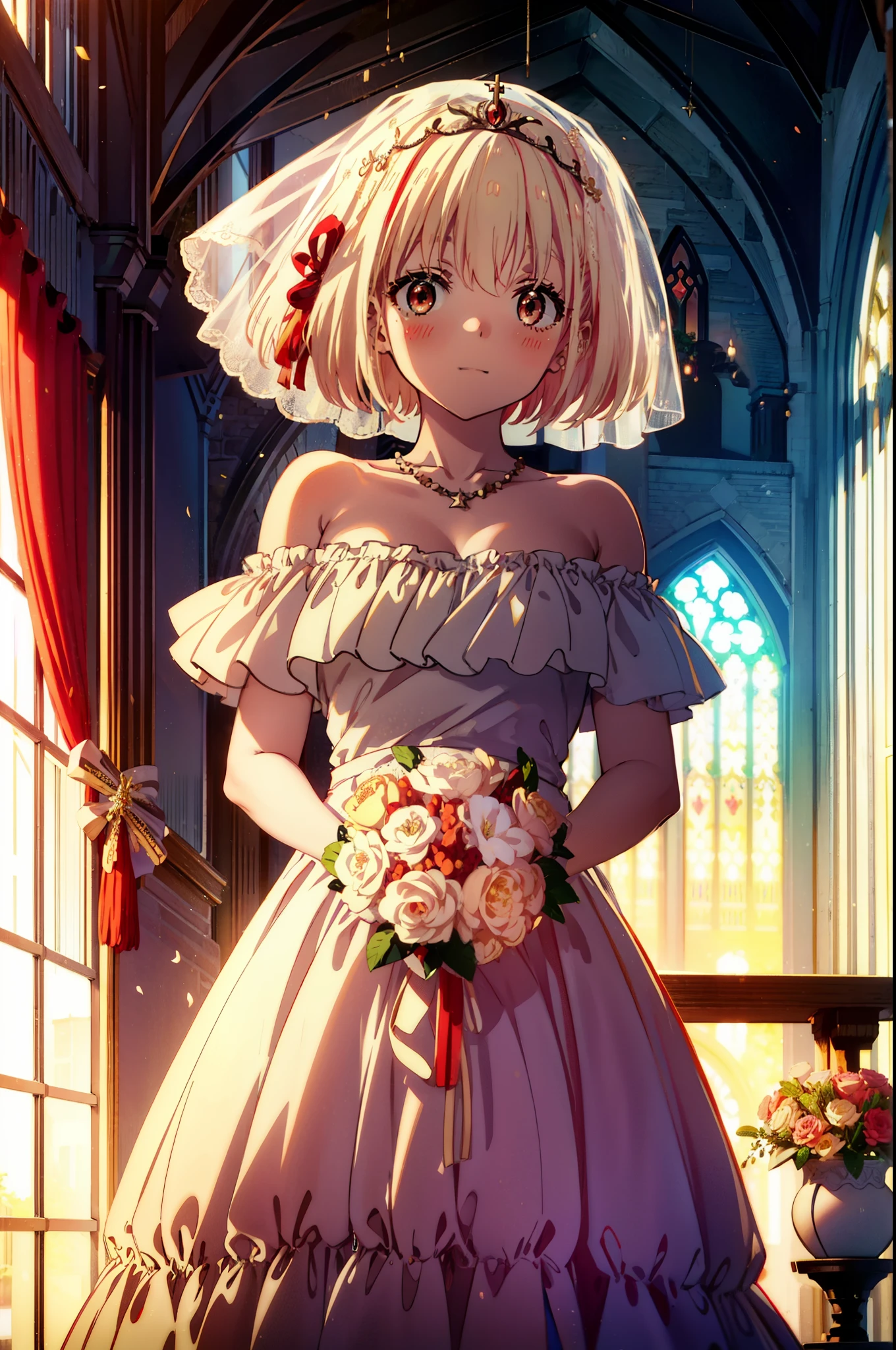 chisato nishikigi, short hair, bangs, blonde, (Red eyes:1.5), Hair Ribbon, One side up, Bobcut,Veil,off-the-shoulder wedding dresses,necklace,Veil,wedding long skirt,holding a bouquet of flowers in both hands,smile,blush,As if your whole body is in the illustration,Daytime,sunny,
break indoors, Chapel,church,
break looking at viewer, Upper Body,(Cowboy Shot:1.5),
break (masterpiece:1.2), Highest quality, High resolution, unity 8k wallpaper, (shape:0.8), (Beautiful attention to detail:1.6), Highly detailed face, Perfect lighting, Extremely detailed CG, (Perfect hands, Perfect Anatomy),