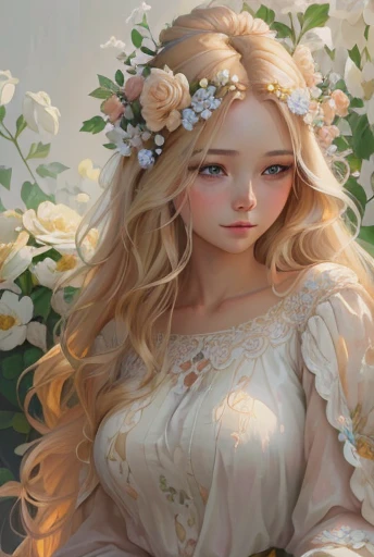 Painting of a woman with long blonde hair and flowers in her hair., beautiful digital illustration, beautiful digital artwork, beautiful digital art, beautiful digital painting, cute detailed digital art, realistic picture of a cute girl, gorgeous digital painting, gorgeous digital art, exquisite digital illustration, realistic digital art 4k, realistic digital art 4k, fantasy art style, Trending on artstration