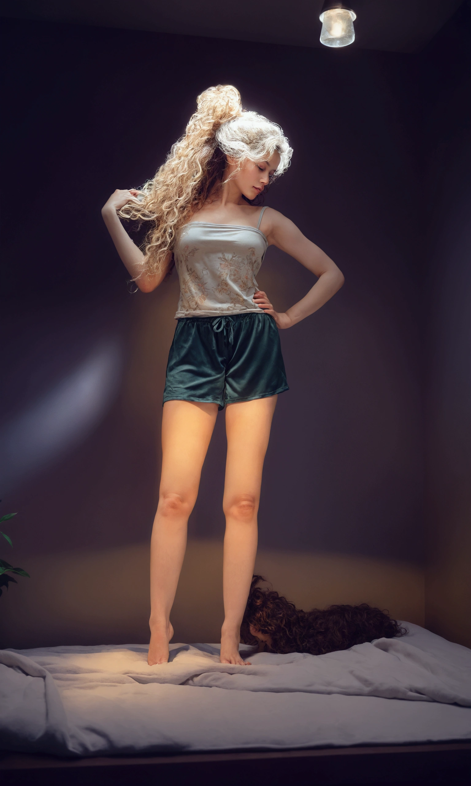photorealism:1.2), beautiful woman, sitting on bed, wearing loose off-shoulder top, pajama pants, long curly hair, indoors, soft lighting, plants in background, window with sunlight, cozy room, relaxed pose, realistic, intricate details, warm colors, by Greg Rutkowski, by Alphonse Mucha
