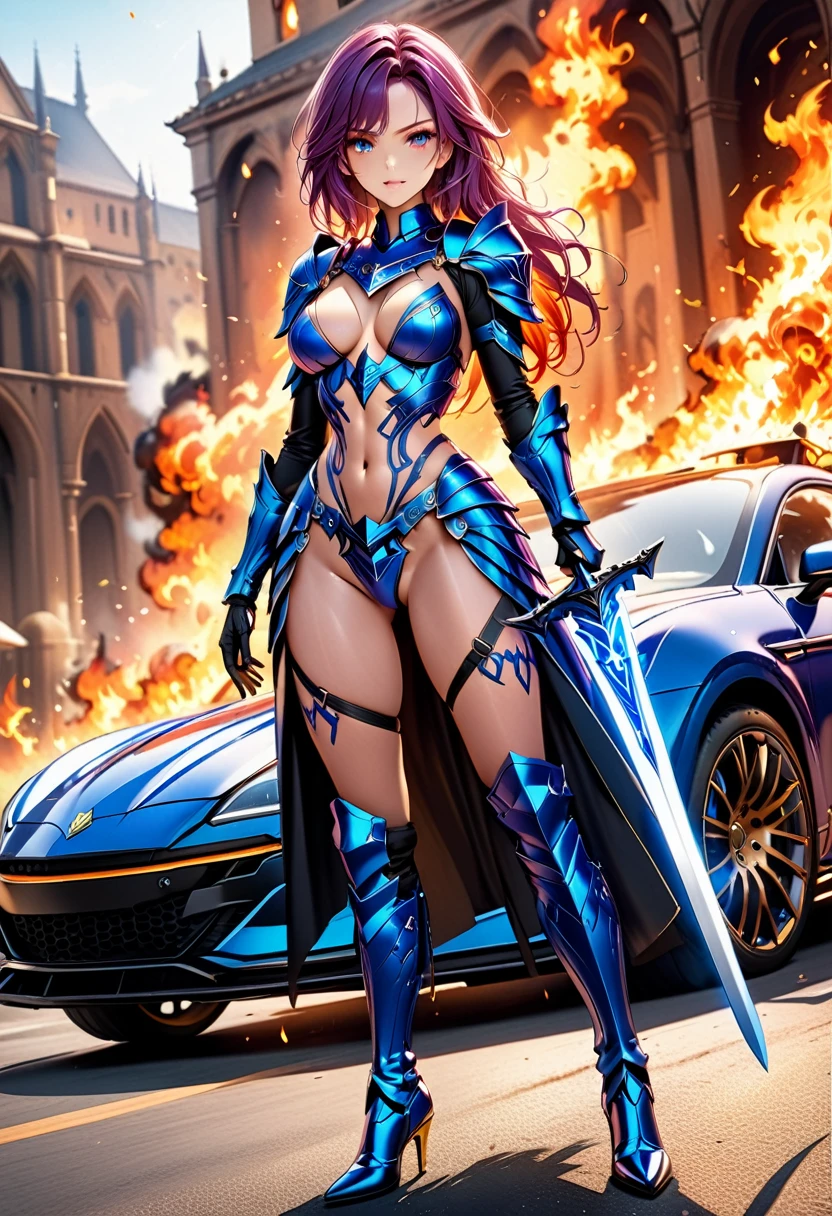 a beautiful female knight ready for battle, stands near her loyal car, a mature female paladin knight, holy warrior, ((full body: 1.5)), ((anatomically correct: 1.5)), (ultra detailed face: 1.5), ((best detailed face: 1.5)), dynamic eye color, dynamic hair color, dynamic hair style dynamic skin complexion, holding a radiant sword, holy sword, divine sword, wearing intricate armor, wearing high heeled boots, BREAK standing near her car, divine car, magical car, ready to battle car, car wreathed in flames, holy intricate runes, slick car, vibrant, Ultra-high resolution, High Contrast, (masterpiece:1.5), highest quality, Best aesthetics), best details, best quality, highres, 16k, (ultra detailed: 1.5), masterpiece, best quality, (extremely detailed) RAW, (ultra details, Masterpiece, best quality), Cinematic Hollywood Film, Intense gaze
