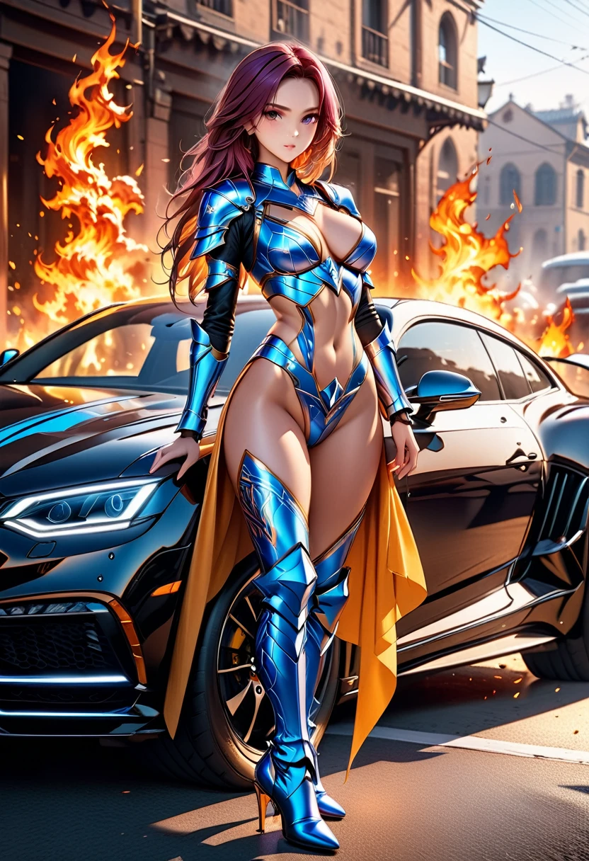 a beautiful female knight ready for battle, stands near her loyal car, a mature female paladin knight, holy warrior, ((full body: 1.5)), ((anatomically correct: 1.5)), (ultra detailed face: 1.5), ((best detailed face: 1.5)), dynamic eye color, dynamic hair color, dynamic hair style dynamic skin complexion, holding a radiant sword, holy sword, divine sword, wearing intricate armor, wearing high heeled boots, BREAK standing near her car, divine car, magical car, ready to battle car, car wreathed in flames, holy intricate runes, slick car, vibrant, Ultra-high resolution, High Contrast, (masterpiece:1.5), highest quality, Best aesthetics), best details, best quality, highres, 16k, (ultra detailed: 1.5), masterpiece, best quality, (extremely detailed) RAW, (ultra details, Masterpiece, best quality), Cinematic Hollywood Film, Intense gaze
