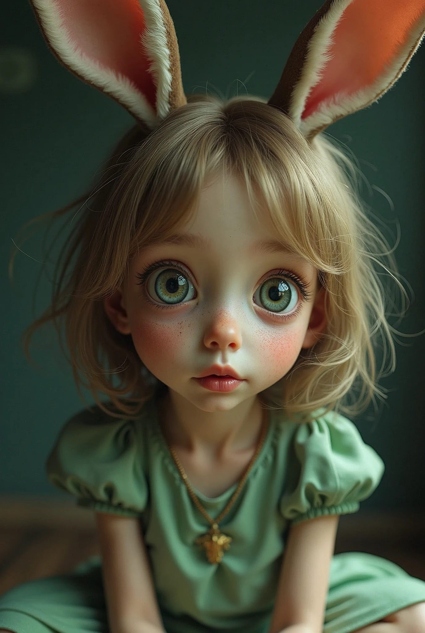 Capture a moment of deep contemplation with a full-body portrait of Alice and the big-eyed rabbit in Alice in Wonderland. Her expression should be a mixture of curiosity and a hint of unease, as if she is deeply questioning reality and her place within it. Her large eyes should be wide open, reflecting a surreal world surrounded by cards. White Rabbit, Inside Wonderland, etc. Lighting should be soft yet dramatic, casting gentle shadows that emphasise the depth of her thoughts. Her hair is slightly dishevelled, as if she has been on a long journey, and the iconic green catsuit is slightly slanted, adding to the pensive feel. The colour palette is a mix of soft pastels and dark, introspective tones, creating a balance between innocence and the complexity of her thoughts.