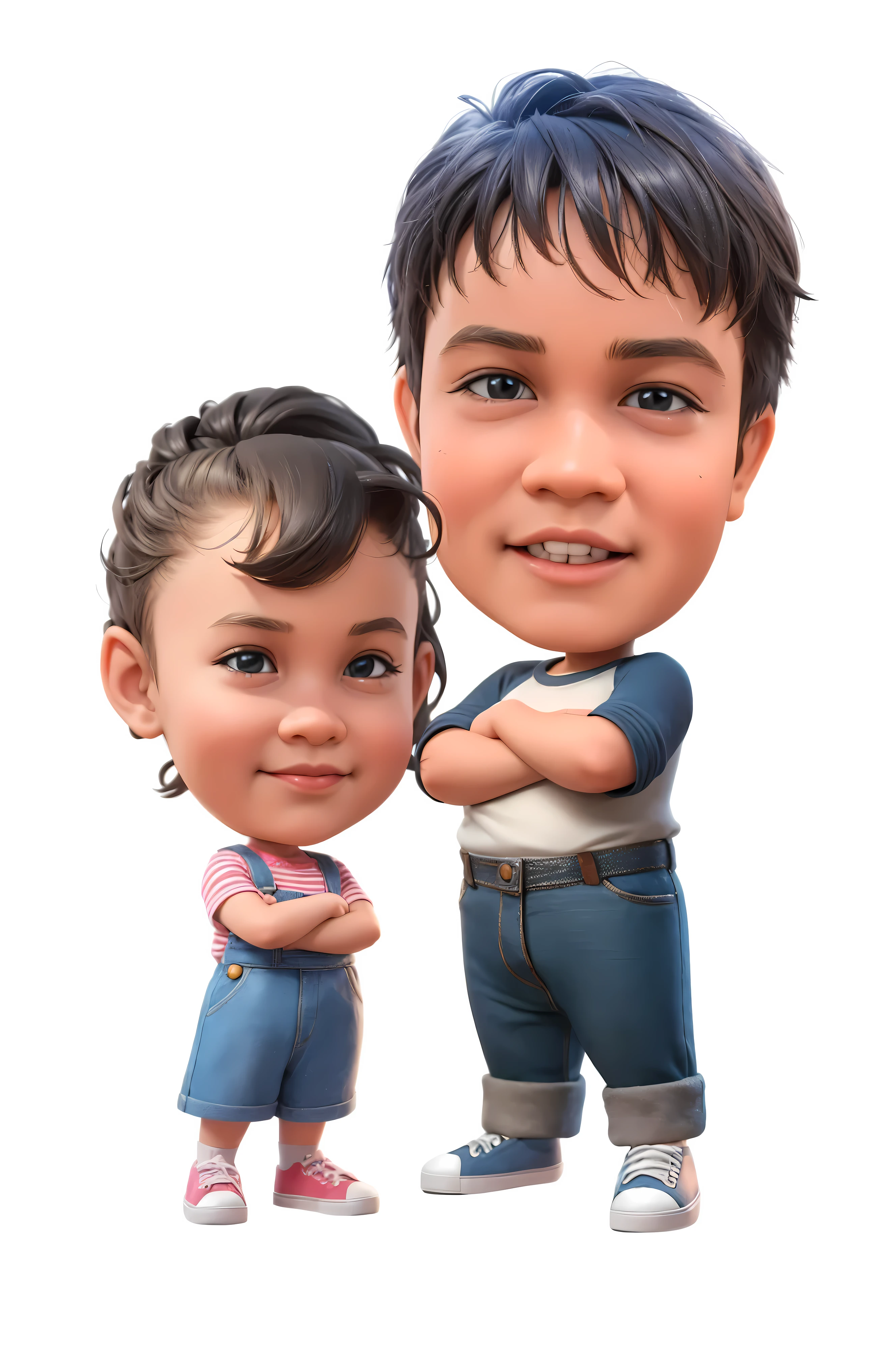 3d cartoon caricature, Big brother and little sister, stylish, cute, beautiful hair, 3D render, 3D Cartoon, big head, cartoonish look, high resolution, super detail, soft lighting