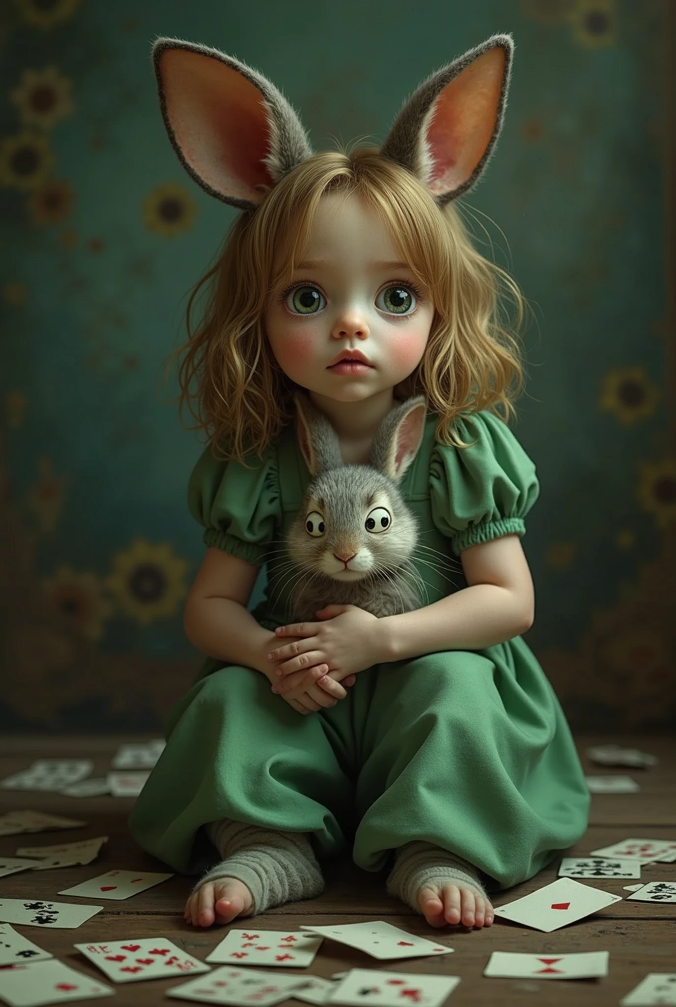 Capture a moment of deep contemplation with a full-body portrait of Alice and the big-eyed rabbit in Alice in Wonderland. Her expression should be a mixture of curiosity and a hint of unease, as if she is deeply questioning reality and her place within it. Her large eyes should be wide open, reflecting a surreal world surrounded by cards. White Rabbit, Inside Wonderland, etc. Lighting should be soft yet dramatic, casting gentle shadows that emphasise the depth of her thoughts. Her hair is slightly dishevelled, as if she has been on a long journey, and the iconic green catsuit is slightly slanted, adding to the pensive feel. The colour palette is a mix of soft pastels and dark, introspective tones, creating a balance between innocence and the complexity of her thoughts.