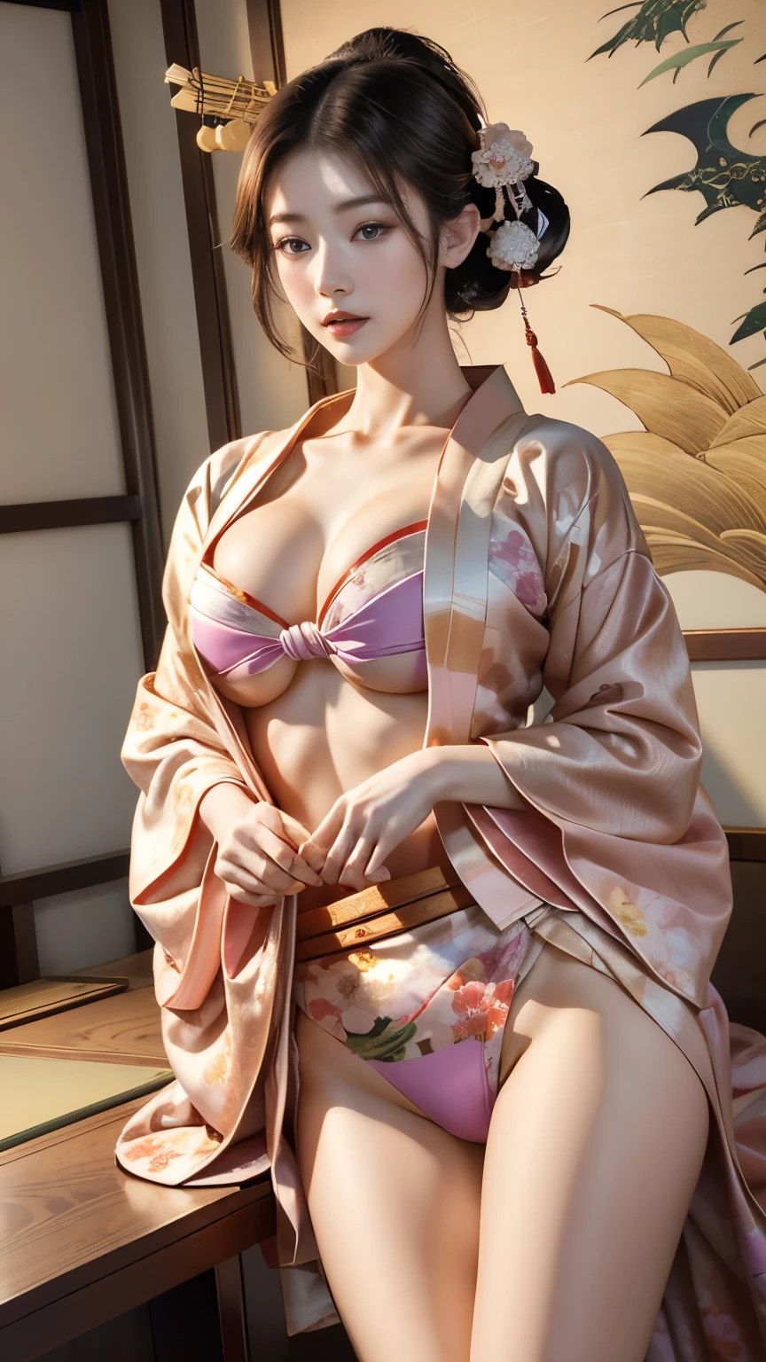 (Masseter membrane、Top quality、Ukiyo-e style、mystery、Exquisite beauty、Official Art、Sharaku:1.2)、(1 girl:1.3)、(Fractal Art:1.3)、Cowboy shooting、White skin、(Beautiful brunette、kimono:1.2)、Set against the backdrop of traditional Japanese performing arts、Colorful、(reel、Japanese style:1.2)、Radiant Skin、Spread your legs,Camel toe showing thigh!!!、