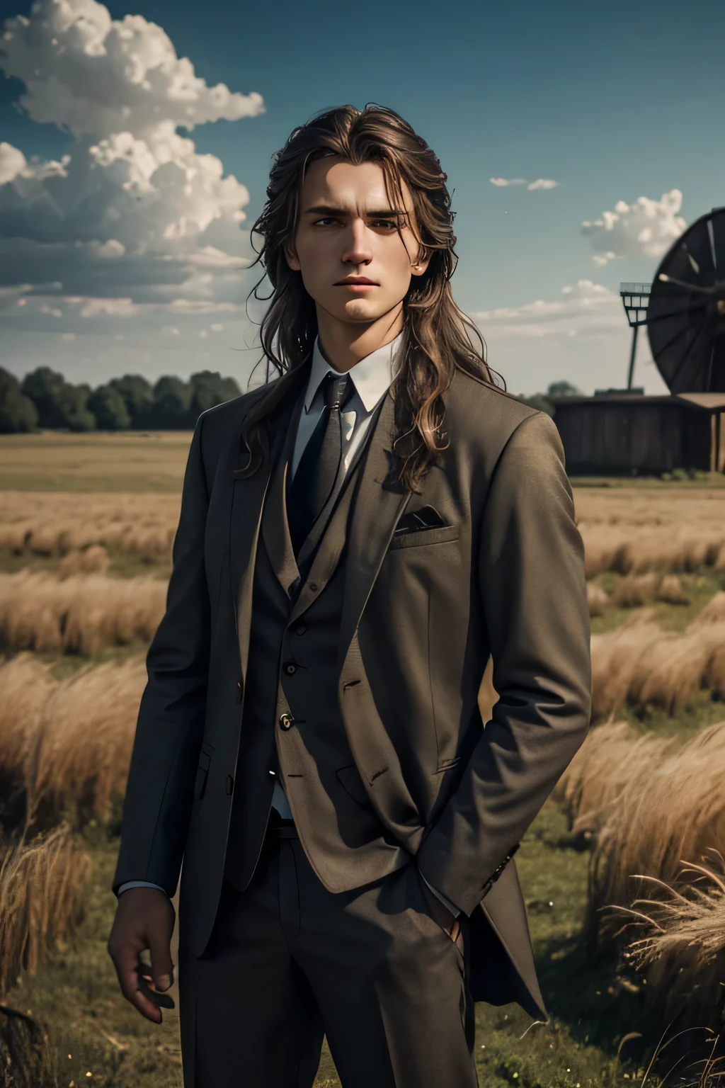 highly detailed face and eyes, cinematic lighting. A smart, undistinguished, ugly, young slavic man with long disheveled hair stands against a backdrop of field with an old mill. He wears old authentic slavic suit with blazer, jacket and pants