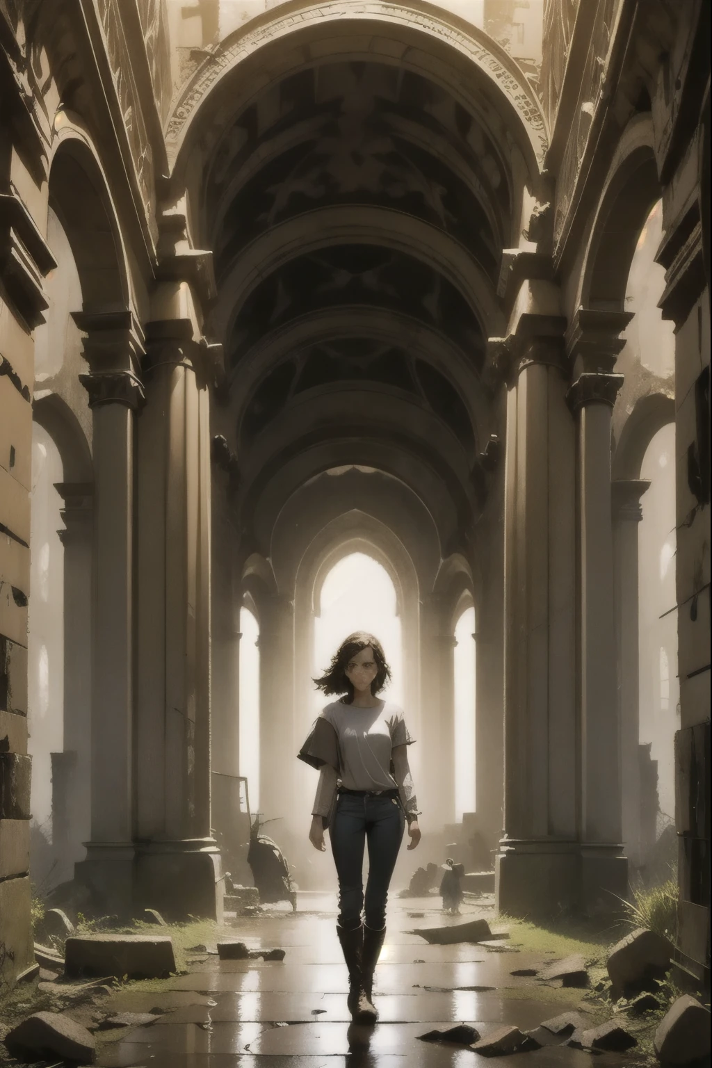 two fifteen-year-old girls and a nine-year-old girl explore a ruined abbey, dark atmosphere, spooky place, darkness, eerie shadows, ancient ruined medieval frescoes on the walls, wearing trousers and boots