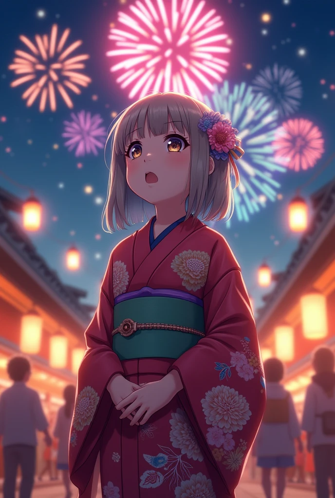 ((highest quality)) a cute girl looking at colorful fireworks in a night summer festival in a kimono with blurry people around her in a very aesthetic and dreamy anime style