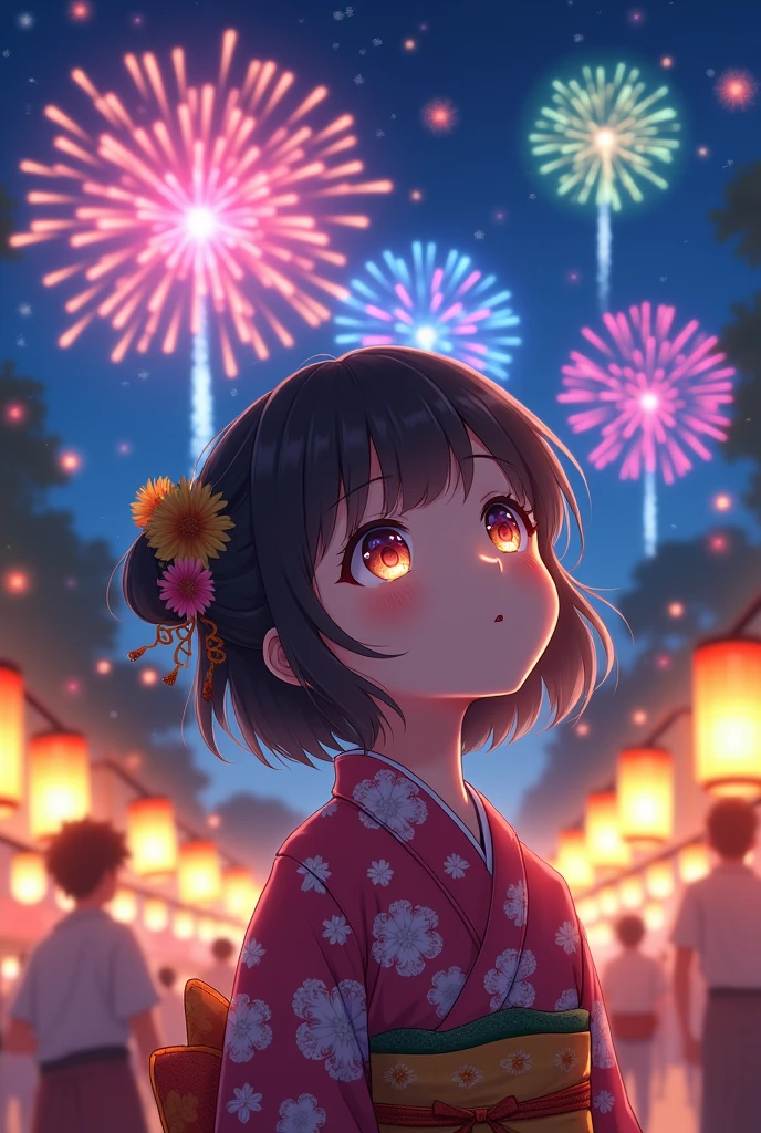 ((highest quality)) a cute girl looking at colorful fireworks in a night summer festival in a kimono with blurry people around her in a very aesthetic and dreamy anime style