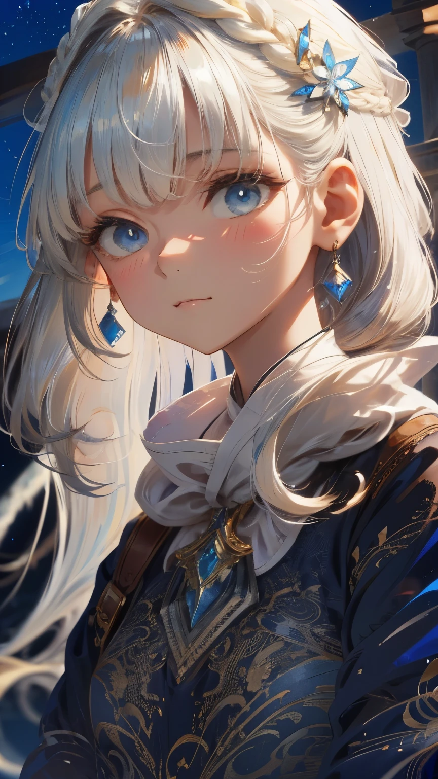 ((Detailed face, Cute Face)), (彼女は白い刺繍の入った長いスカートをyesている, Red blouse with lace, A white apron is tied around her waist, Blue socks, Brown leather shoes, She has a blue scarf wrapped around her head. yes, Her accessories include necklaces., Earrings, bracelet. 1 person)), Ultra-high resolution, (Realistic: 1.4), RAW Photos, Highest quality, (PhotoRealistic Stick), concentrated, Soft Light, ((15 years old)), ((Shiny platinum blonde silky super long straight hair, beautiful shiny bangs, Big clear sky blue eyes, Very beautiful bright eye highlights )), (( (Young Face))), (surface), (Depth of written boundary), masterpiece, (Realistic), woman, bangs, ((1 person))