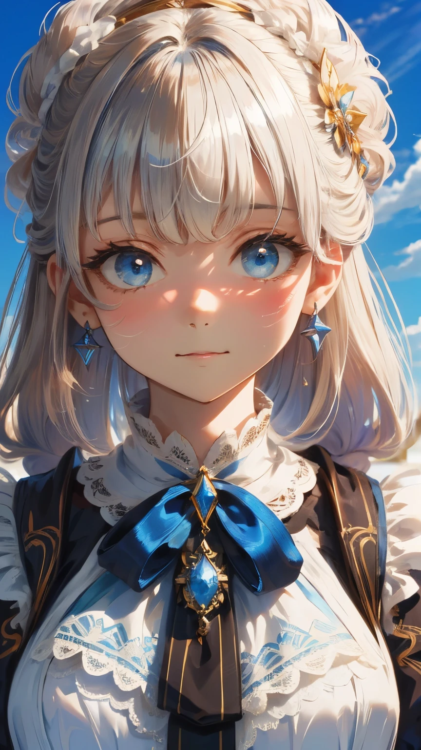 ((Detailed face, Cute Face)), (彼女は白い刺繍の入った長いスカートをyesている, Red blouse with lace, A white apron is tied around her waist, Blue socks, Brown leather shoes, She has a blue scarf wrapped around her head. yes, Her accessories include necklaces., Earrings, bracelet. 1 person)), Ultra-high resolution, (Realistic: 1.4), RAW Photos, Highest quality, (PhotoRealistic Stick), concentrated, Soft Light, ((15 years old)), ((Shiny platinum blonde silky super long straight hair, beautiful shiny bangs, Big clear sky blue eyes, Very beautiful bright eye highlights )), (( (Young Face))), (surface), (Depth of written boundary), masterpiece, (Realistic), woman, bangs, ((1 person))