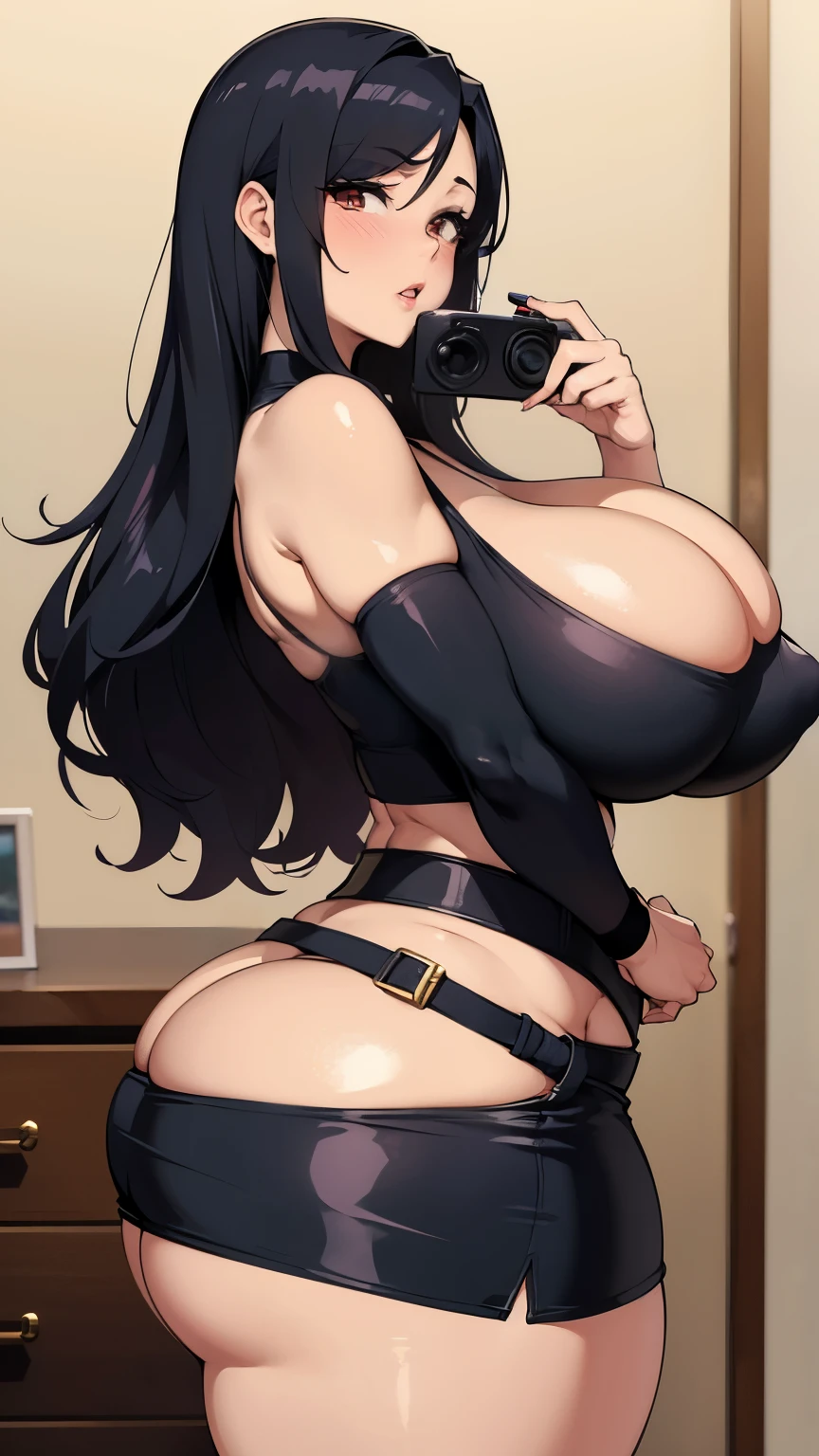 Woman in tight skirt taking photo in room, with a big chest, with large breasts, oppai, Big breasts, Big breasts!, Big breasts!!, Large breasts, buxom chested, angela white, SFW huge breasts, really large bust, large breasts size, goddess of Japan, busty, Chic, Covered SFW huge breasts, Voluptuous body, curvy body, Tifa Lockhart, Naughty anime style, plus size model, Scruffy body,Erotic cartoon style body, Married woman's big ass,Eros of a married woman, Married woman style, Married woman atmosphere, gigantic breasts:1.3, curvy body, mammasize,