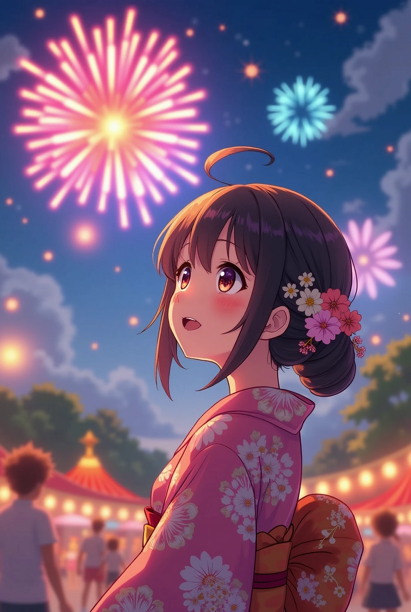 ((highest quality)) a cute girl looking at colorful fireworks in a night summer festival in a kimono with blurry people around her draw in anime style
