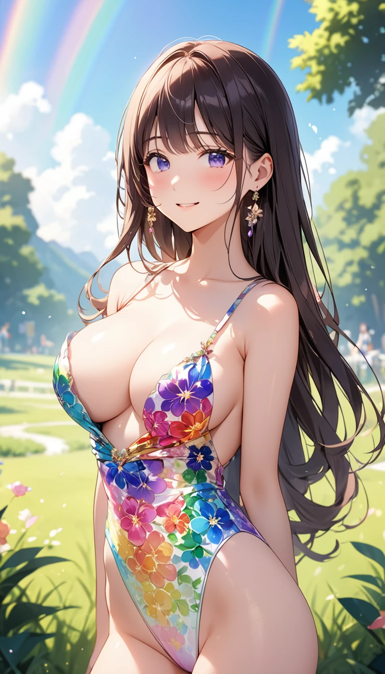 expensivequality illustration, masterpiece, Very delicate and beautiful, attractive,(Floral print dress,One-piece with glittering decorations,expensive_Rainbow gradient one-piece),thin,Slender body,slim,high school student,Grassland Background,Princess, Beautiful Eyes、smile、blush,(masterpiece, Highest quality:1.2), expensiveres, Very detailed CG ユニティ 8k 壁紙, Perfect lighting, colorful, ultra-expensive res,4K,Very detailed, photograph, 8k, High resolution, 、Big Breasts、Female organ、Thick pubic hair sticking out、Pubic hair sticking out