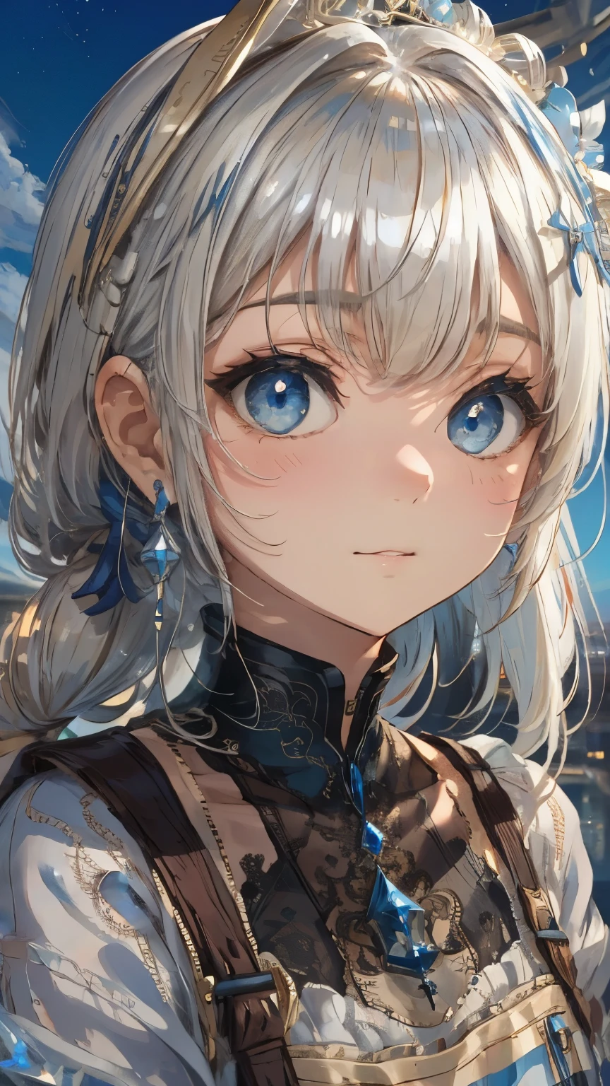 ((Detailed face, Cute Face)), (彼女は白い刺繍の入った長いスカートをyesている, Red blouse with lace, A white apron is tied around her waist, Blue socks, Brown leather shoes, She has a blue scarf wrapped around her head. yes, Her accessories include necklaces., Earrings, bracelet. 1 person)), Ultra-high resolution, (Realistic: 1.4), RAW Photos, Highest quality, (PhotoRealistic Stick), concentrated, Soft Light, (()), ((Shiny platinum blonde silky super long straight hair, beautiful shiny bangs, Big clear sky blue eyes, Very beautiful bright eye highlights )), (( (Young Face))), (surface), (Depth of written boundary), masterpiece, (Realistic), woman, bangs, ((1 person))