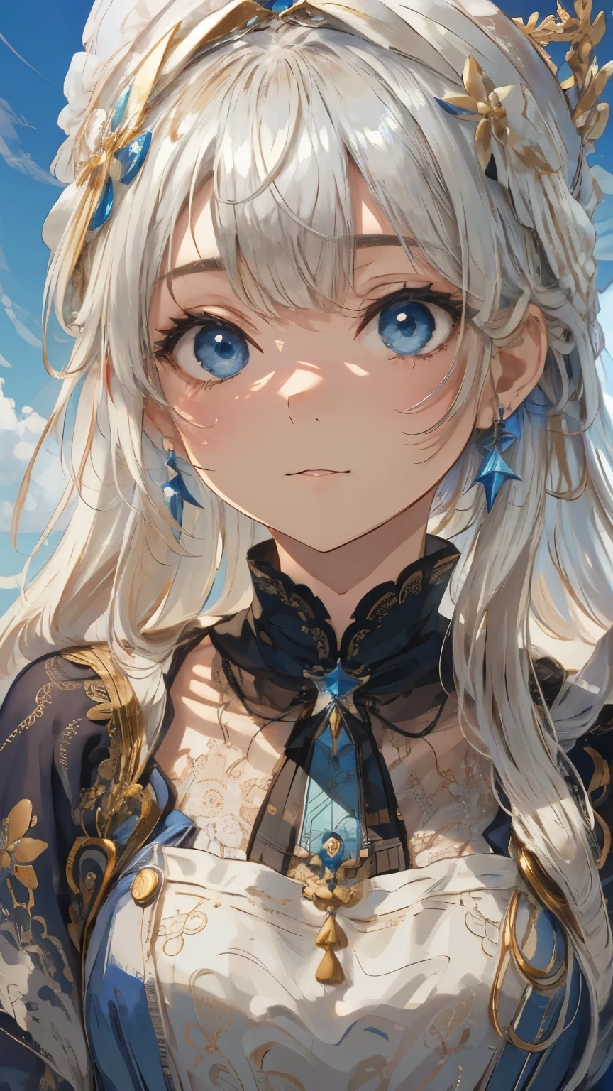 ((Detailed face, Cute Face)), (彼女は白い刺繍の入った長いスカートをyesている, Red blouse with lace, A white apron is tied around her waist, Blue socks, Brown leather shoes, She has a blue scarf wrapped around her head. yes, Her accessories include necklaces., Earrings, bracelet. 1 person)), Ultra-high resolution, (Realistic: 1.4), RAW Photos, Highest quality, (PhotoRealistic Stick), concentrated, Soft Light, (()), ((Shiny platinum blonde silky super long straight hair, beautiful shiny bangs, Big clear sky blue eyes, Very beautiful bright eye highlights )), (( (Young Face))), (surface), (Depth of written boundary), masterpiece, (Realistic), woman, bangs, ((1 person))